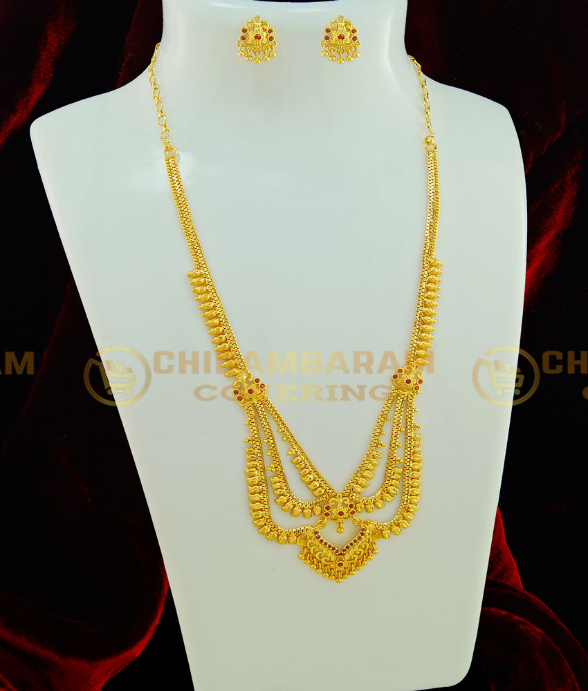 HRM411 - New Collections One Gram Gold Forming Haram Ruby Stone 3 Line Mini Haram with Earring for Wedding