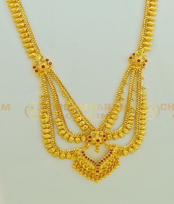 HRM411 - New Collections One Gram Gold Forming Haram Ruby Stone 3 Line Mini Haram with Earring for Wedding