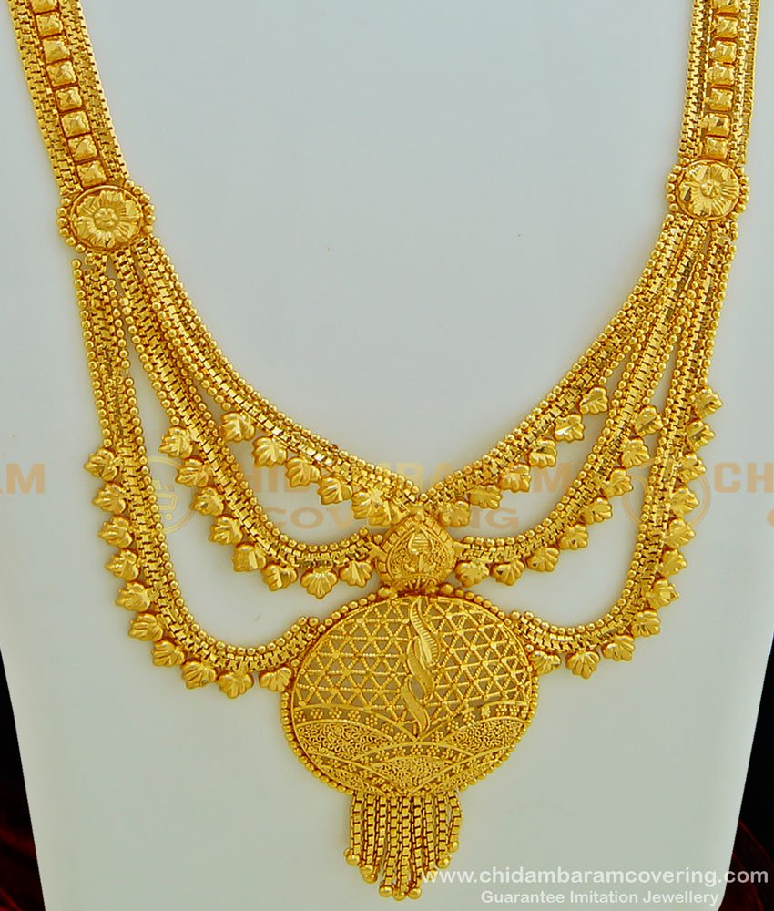 HRM419- Buy Stunning Gold 3 Line Long Plain 1 Gram Gold Haram Design Online Shopping