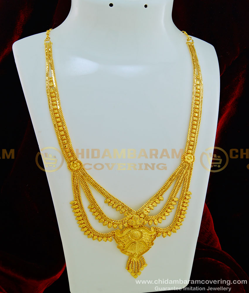 HRM421 - Gold Look Bridal Wear Gold Forming Three Line Haram Designs for Wedding
