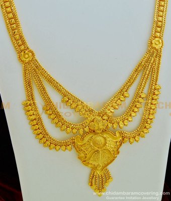 HRM421 - Gold Look Bridal Wear Gold Forming Three Line Haram Designs for Wedding