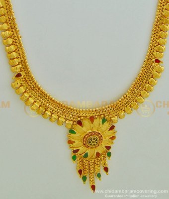 HRM423 - Simple Light Weight Flower Design Gold Forming Enamel Haram and Earring Set Online