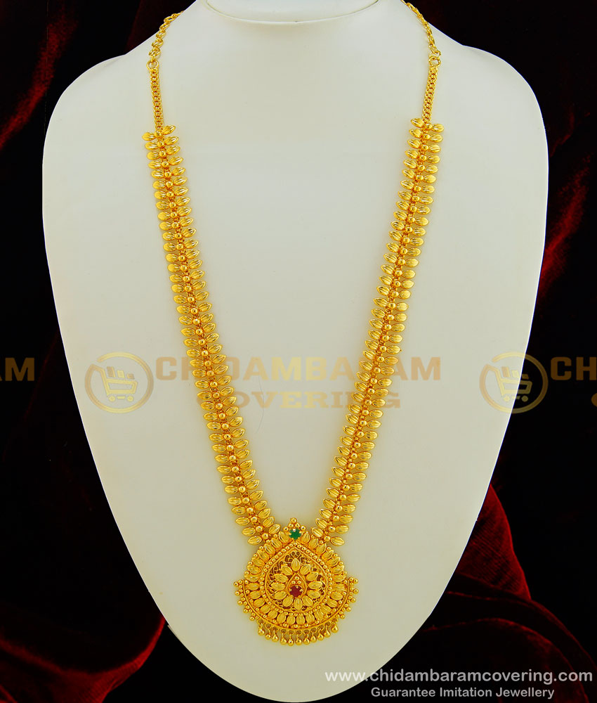 HRM427 - Latest Gold Haram Design Leaf Pattern Gold Plated Long Stone Haaram Online