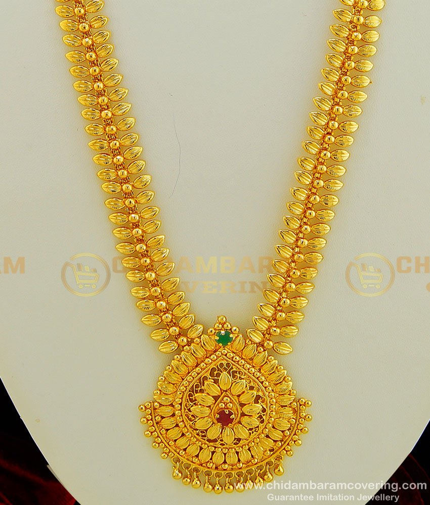 HRM427 - Latest Gold Haram Design Leaf Pattern Gold Plated Long Stone Haaram Online