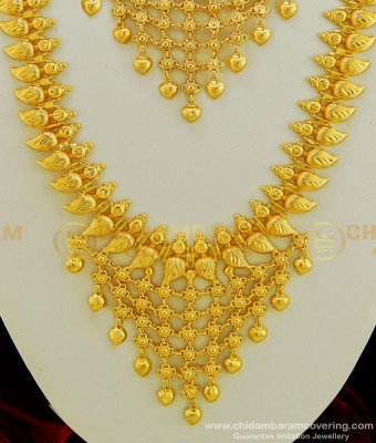 HRM428 - Traditional Wedding Kerala Jewellery Light Weight Mango Kerala Gold Haram Necklace Combo Set
