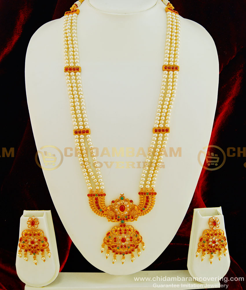 HRM432 - South Indian Temple Jewellery Hand Made Temple Kemp Stone Pearl Long Haram with Earring 