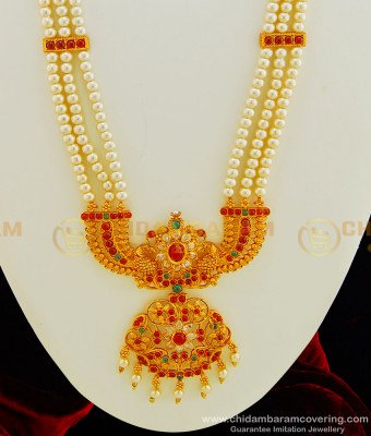 HRM432 - South Indian Temple Jewellery Hand Made Temple Kemp Stone Pearl Long Haram with Earring 