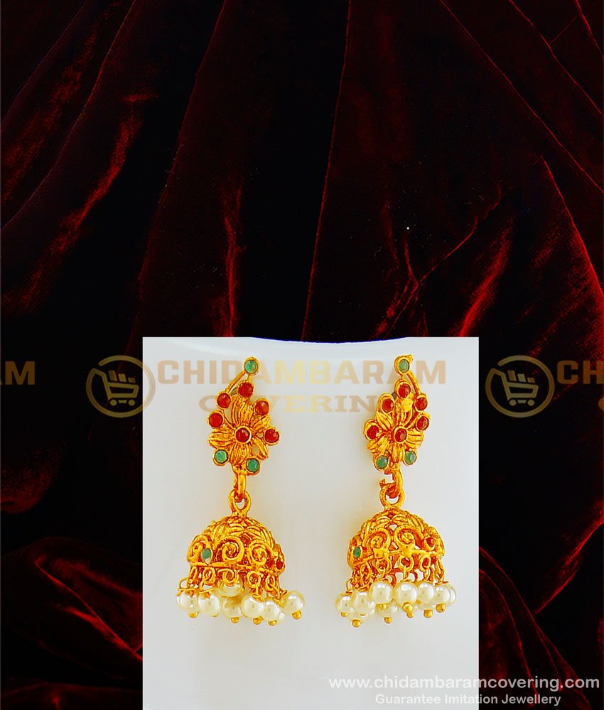 HRM435 - Trendy Beautiful Kemp Stone Pendant Pearl Mala with Earring Premium Quality Temple Jewellery Set Online 