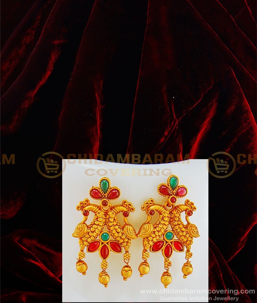 HRM436 - Premium Quality Temple Jewellery Set Kemp Stone Peacock Pendant 3 Line Pearl Mala with Earring Online 