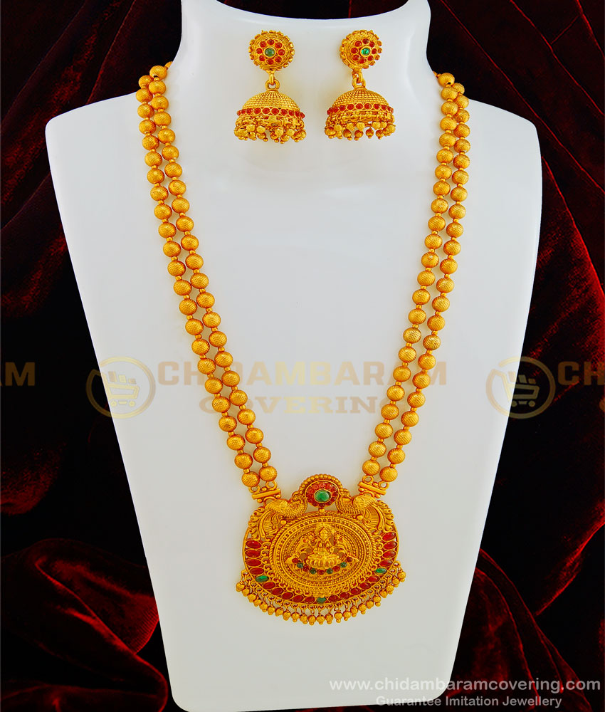 HRM438 - Nagas Jewellery Set Matte Finish Gold Design Kemp Stone Lakshmi Haaram Temple Jewellery Online