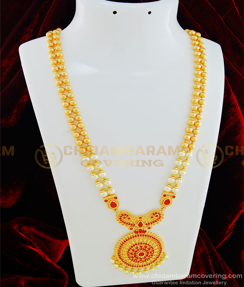 HRM444 - Unique Party Wear Collections 1 Gram Gold Ruby Stone Two Line Pearl Harm Buy Online