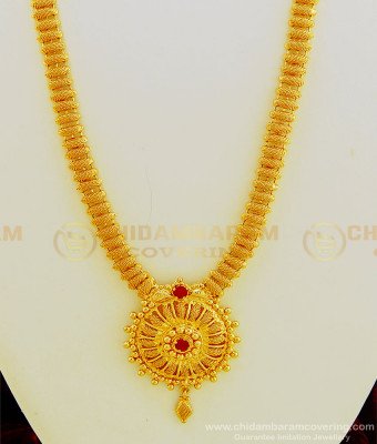 HRM449 - 1 Gram Gold Plated Net Pattern Single Ruby Stone Function Wear Long Haram Buy Online