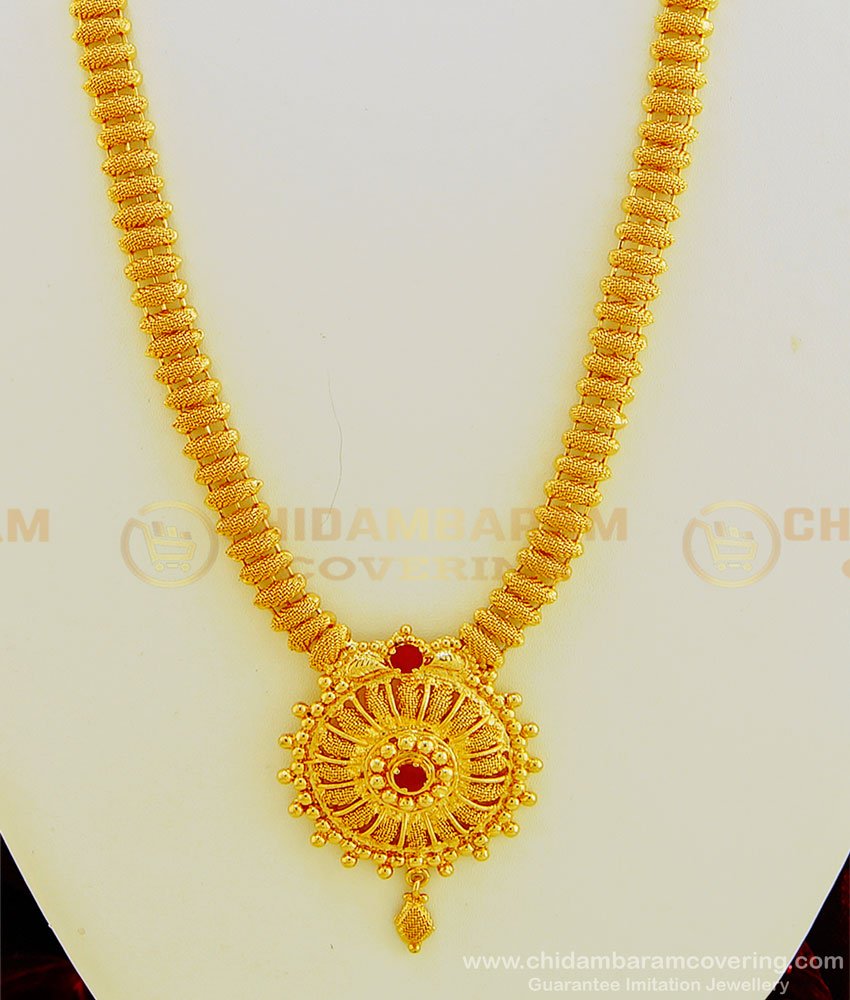 HRM449 - 1 Gram Gold Plated Net Pattern Single Ruby Stone Function Wear Long Haram Buy Online