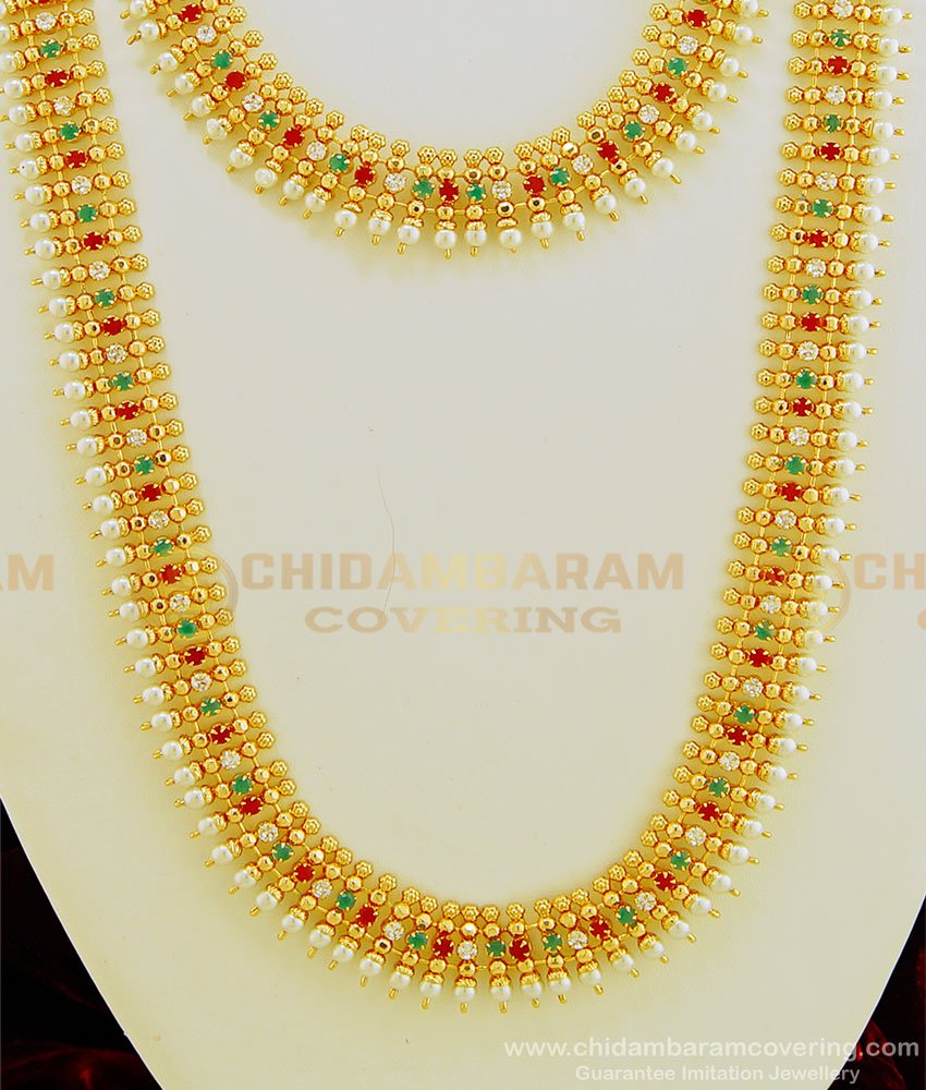 HRM455 - Unique Gold Plated Party Wear Ruby Emerald Stone Original Pearl Haram With Necklace Set Online 