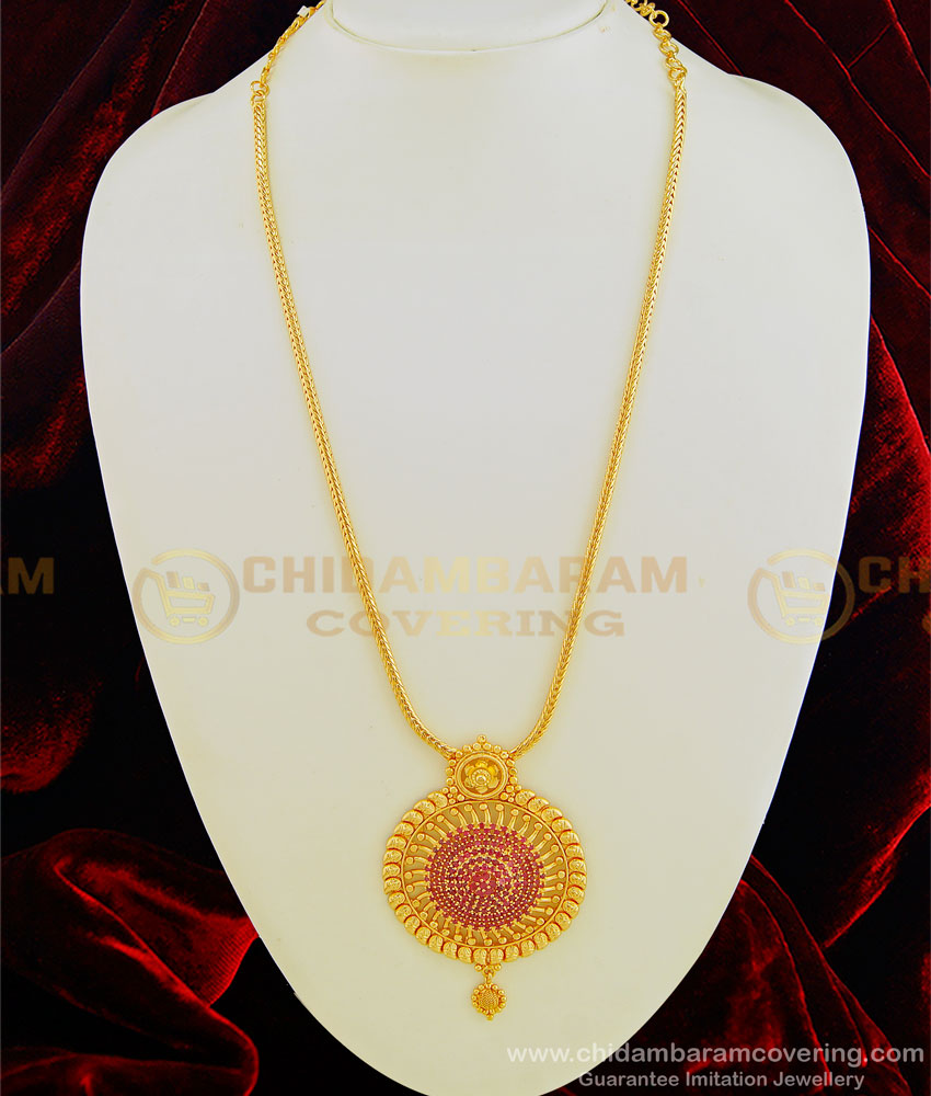 HRM456 - New Arrival 1 Gram Gold Plated Ruby Stone Big Round Pendant Haram Design Online