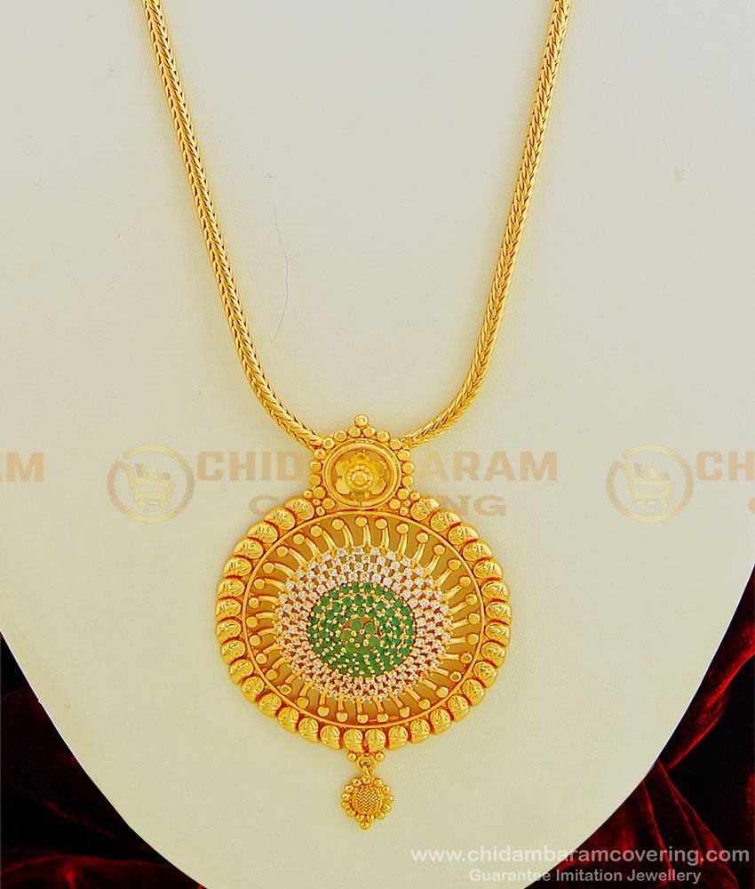 HRM457 - New Arrival 1 Gram Gold Plated Emerald Green Stone Big Round Pendant Haram Design Online