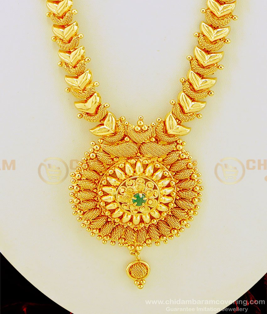 HRM470 - New Model Leaf Design Single Emerald Stone Haram 1 Gram Gold Covering Jewellery