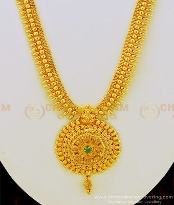 HRM471 - Latest Collections Kerala Style Emerald Stone Dollar Mullamottu Mala Long Haram Buy Online