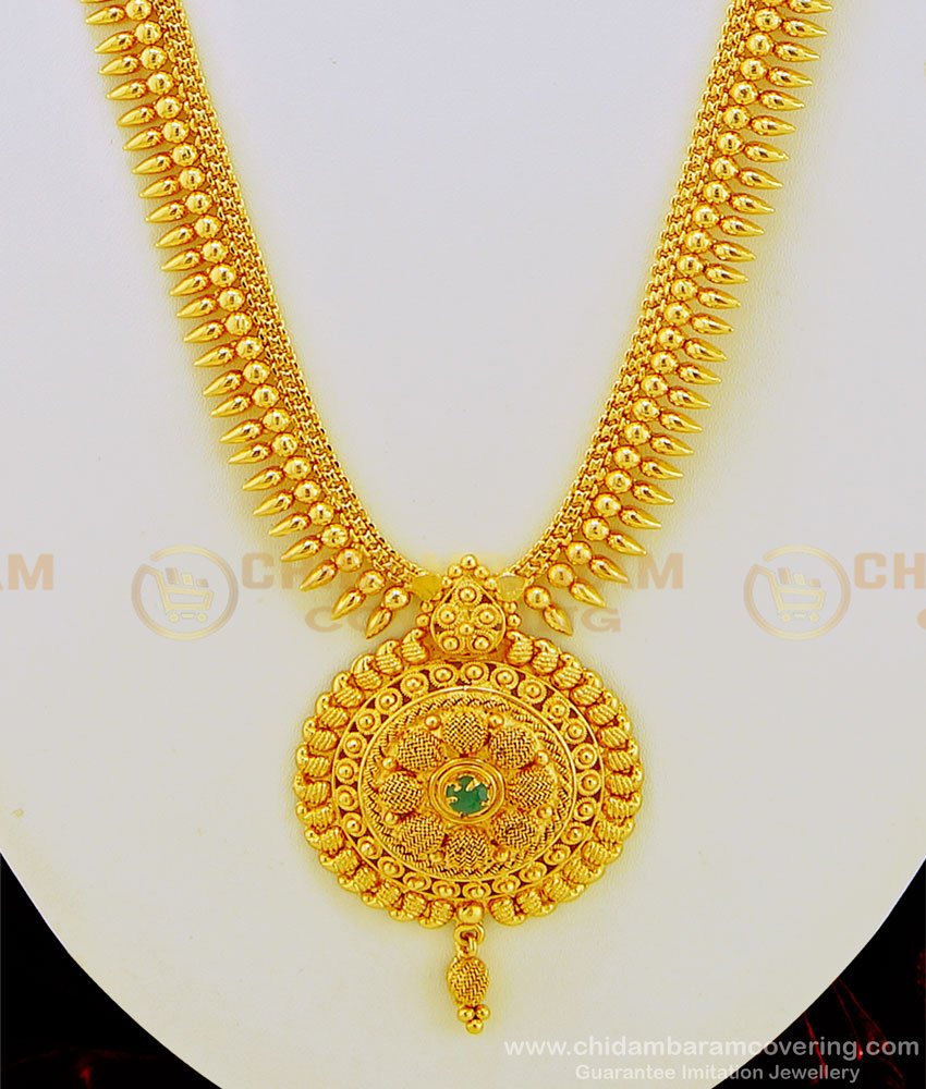 HRM471 - Latest Collections Kerala Style Emerald Stone Dollar Mullamottu Mala Long Haram Buy Online