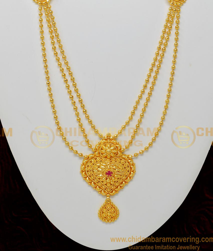 HRM492 - New Trendy Ruby Stone Gold Balls 3 Layered Haram 1 Gram Gold Covering Haram Online