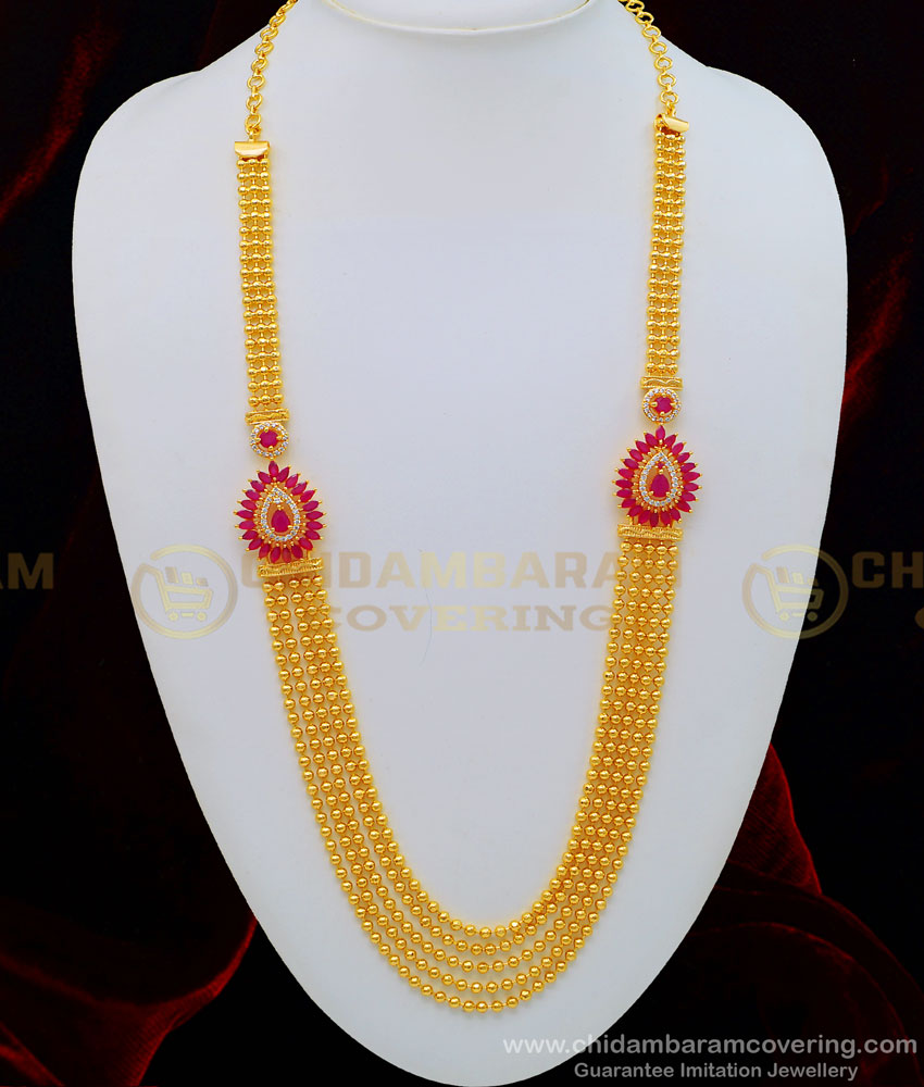 HRM506 - Pure Gold Plated First Quality Ruby Stone Chandraharam 1 Year Guaranteed Haram Online