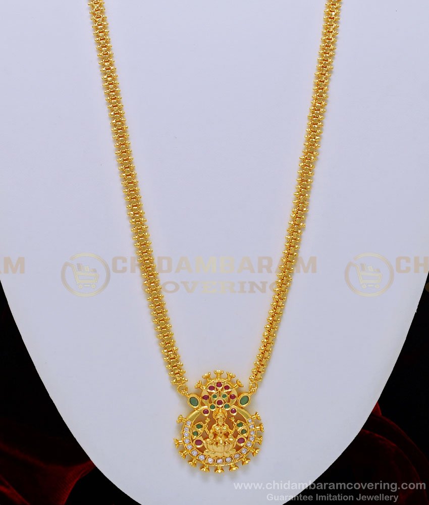 HRM512 - Original Gold Plated Simple Lakshmi Dollar Chain Type Multi Stone Lakshmi Haram Online    