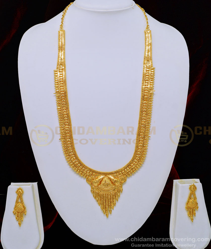 HRM513 - Latest Plain Gold Haram Design Attractive Calcutta Design Bridal Haram with Earring Set