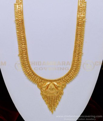 HRM513 - Latest Plain Gold Haram Design Attractive Calcutta Design Bridal Haram with Earring Set