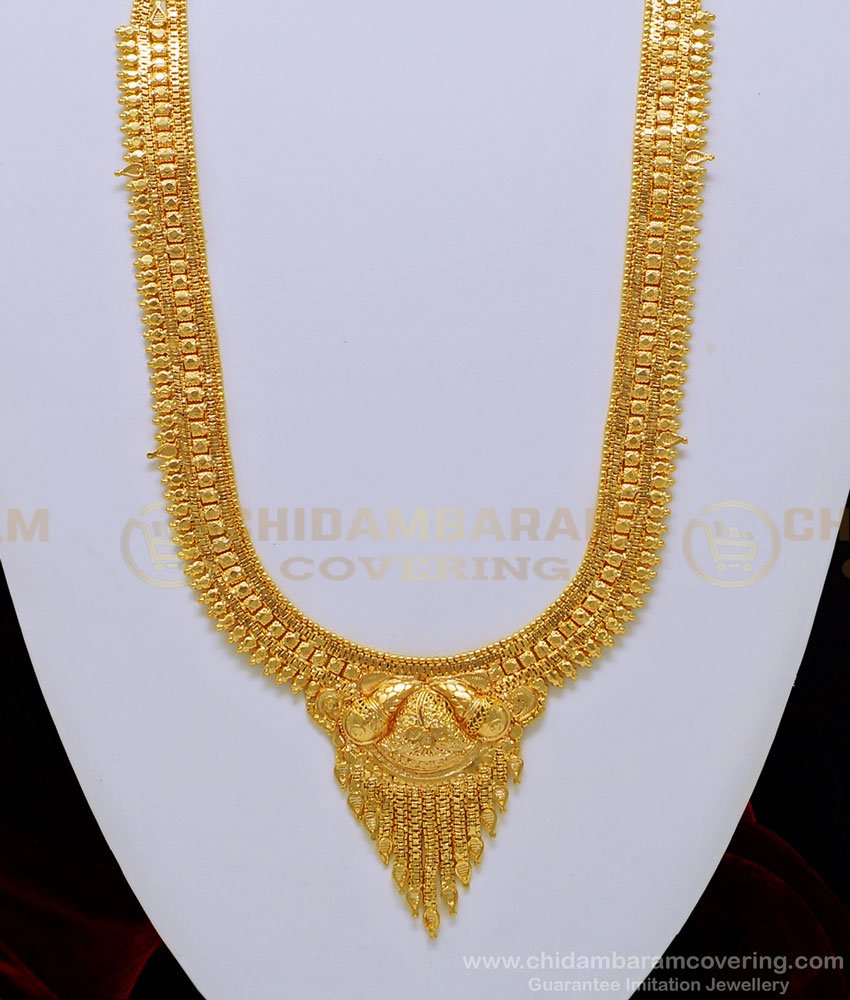 HRM513 - Latest Plain Gold Haram Design Attractive Calcutta Design Bridal Haram with Earring Set