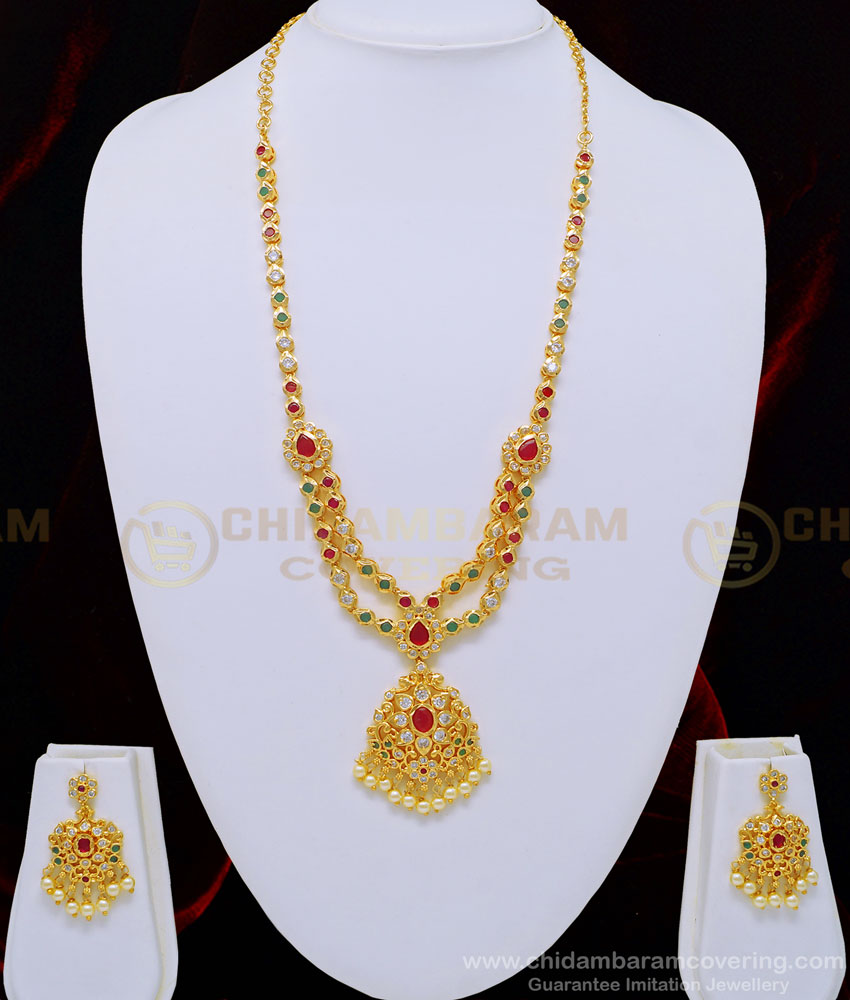 HRM515 - New Arrival Party Wear 1 Gram Gold Plated Ad Stone Mini Haram with Earring Combo Set Online  