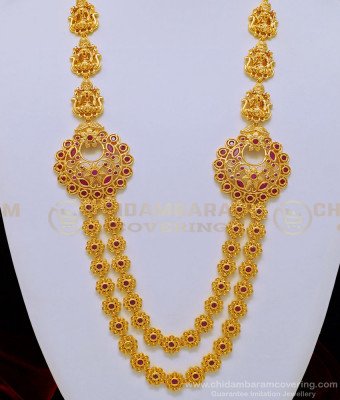 HRM516 - Latest Ruby Stone Heavy Work Temple Jewellery Lakshmi Design Gold Plated Layered Haram with Earrings Set   