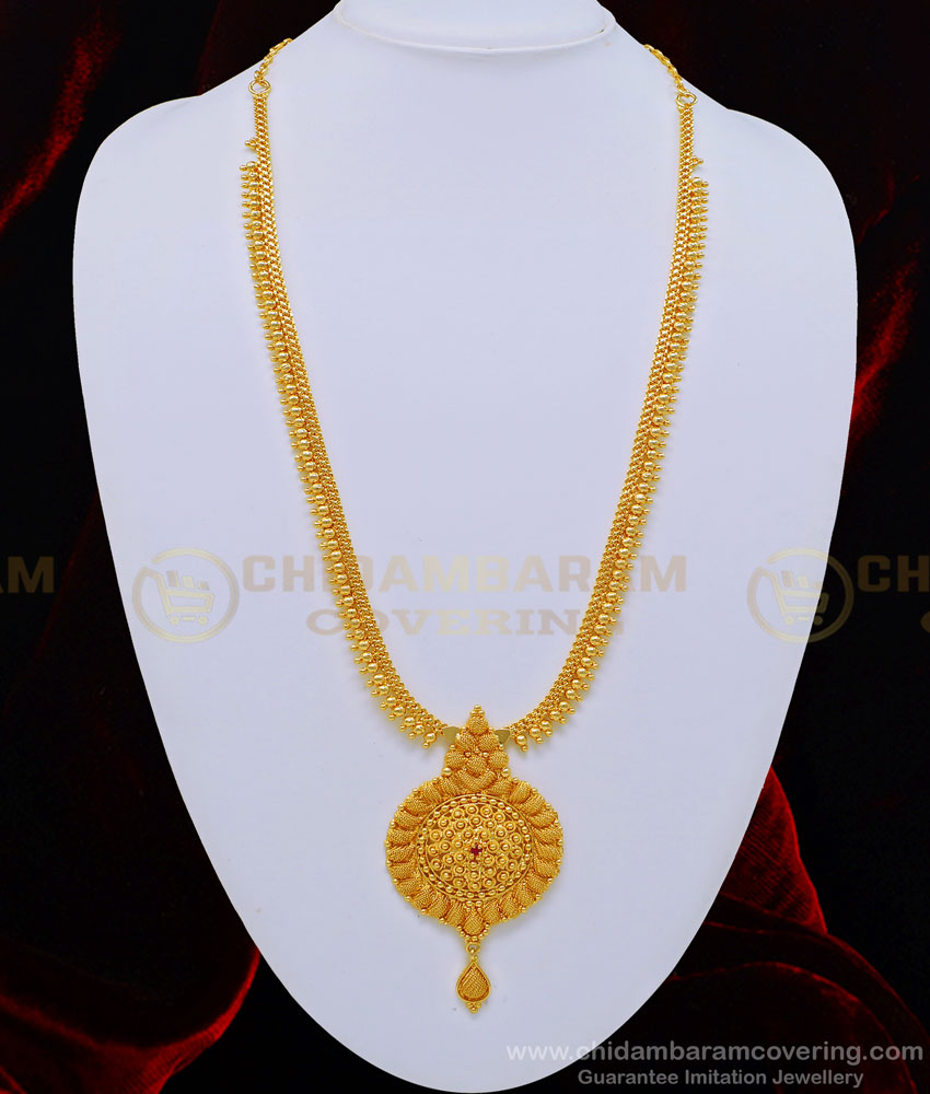 HRM519 - Traditional Gold Beads Ruby Stone Round Pendant Gold Covering Long Haram Buy Online