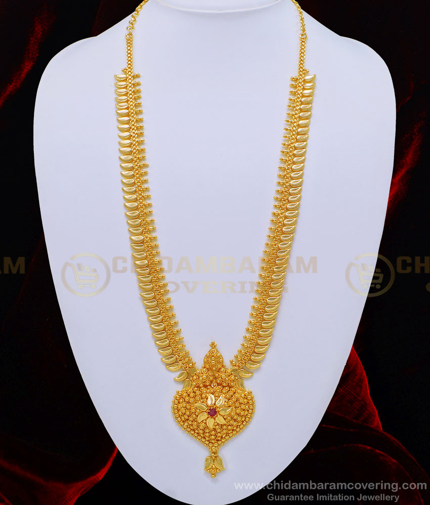 HRM520 - New Kerala Style Leaf Design Ruby Stone Haram 1 Gram Gold Jewelry Buy Online