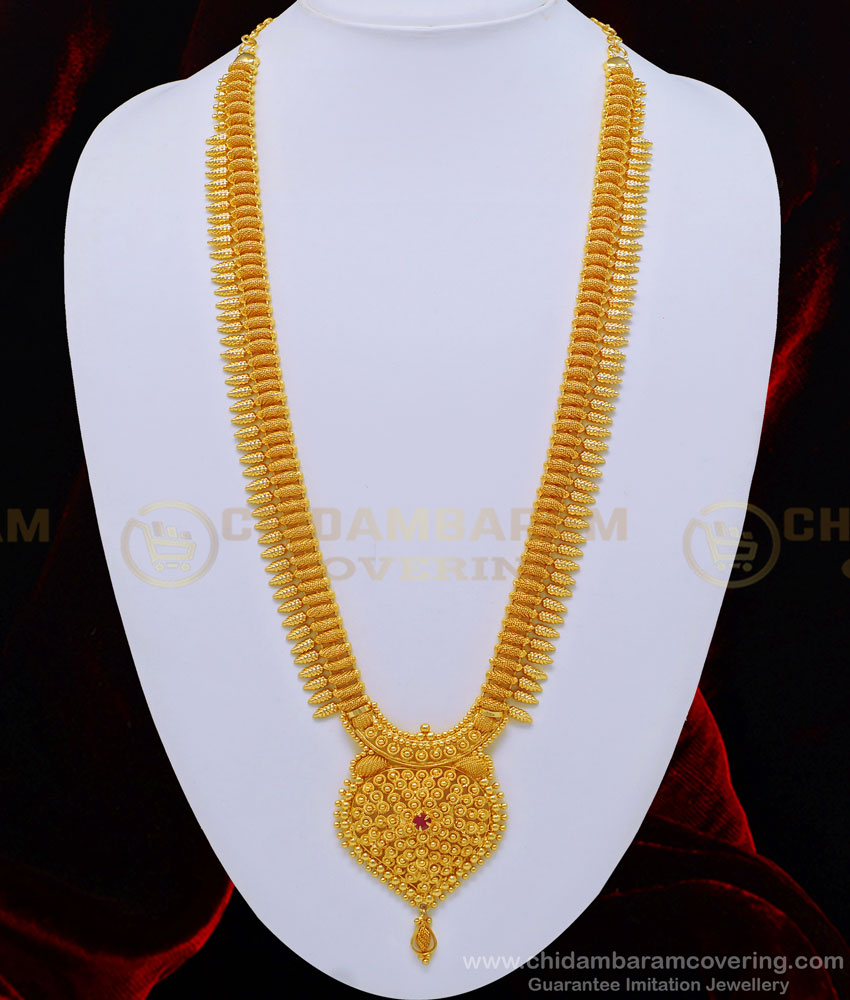 HRM521 - Attractive Bridal Wear Leaf Design Ruby Stone Long Haram for Wedding 