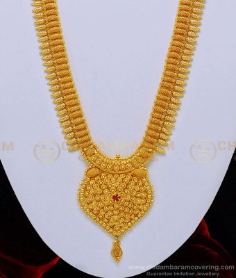 HRM521 - Attractive Bridal Wear Leaf Design Ruby Stone Long Haram for Wedding 