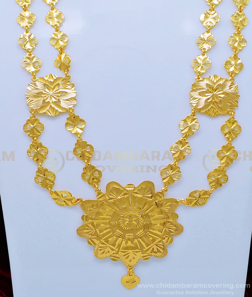 HRM534 - 1 Gram Gold Two Line Flower Design Guaranteed Governor Malai Design Mini Haram Online