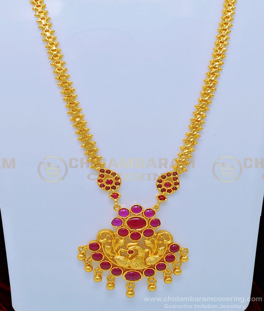 HRM537 - South Indian Jewelry Real Kemp Stone Peacock Pendant Gold Covering Haram Buy Online