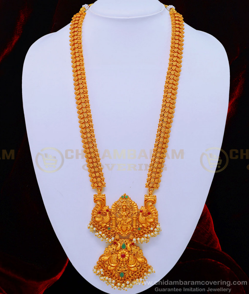 HRM540 - Attractive Matte Finish Kemp Stone Lakshmi Haram Nagas Antique Jewellery Online