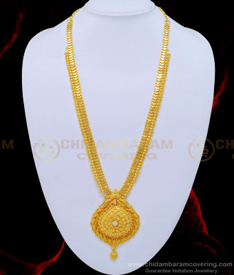 HRM556 - Bridal Wear Single White Stone Long Haram One Gram Gold Jewellery Online