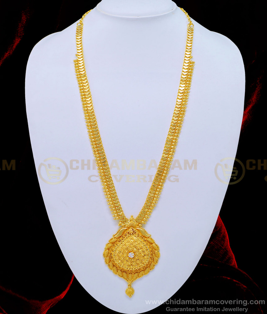HRM556 - Bridal Wear Single White Stone Long Haram One Gram Gold Jewellery Online