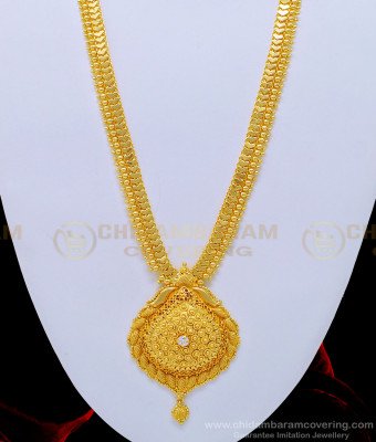 HRM556 - Bridal Wear Single White Stone Long Haram One Gram Gold Jewellery Online