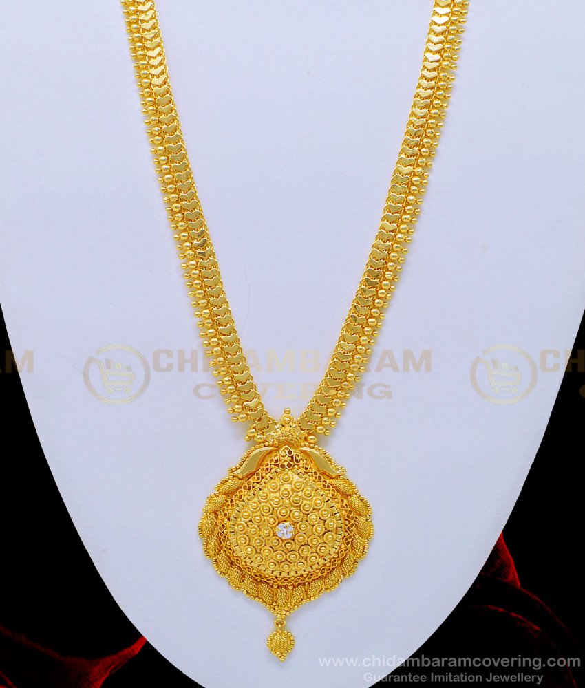 HRM556 - Bridal Wear Single White Stone Long Haram One Gram Gold Jewellery Online