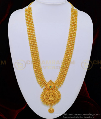 HRM511 - New Lakshmi Dollar Single Green Stone Mango Design Long Bridal Gold Plated Haram for Wedding 