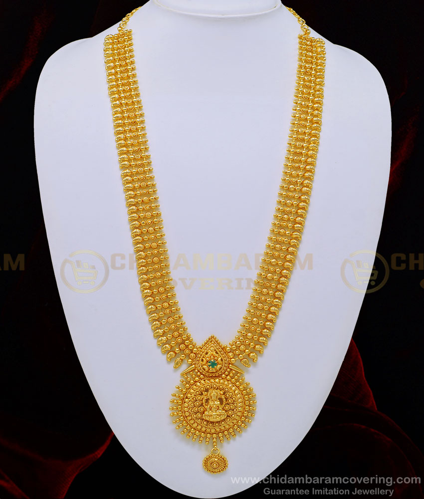 HRM511 - New Lakshmi Dollar Single Green Stone Mango Design Long Bridal Gold Plated Haram for Wedding 