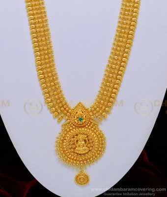 HRM511 - New Lakshmi Dollar Single Green Stone Mango Design Long Bridal Gold Plated Haram for Wedding 