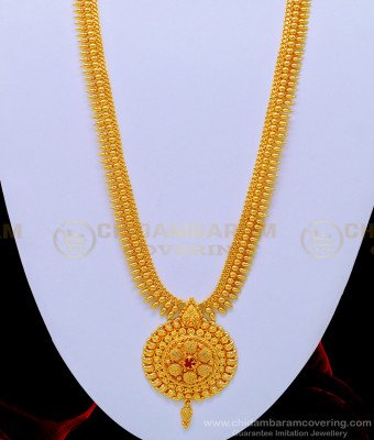 HRM562 - Latest Collections Kerala Style Ruby Stone Dollar Mullamottu Mala Long Haram Online
