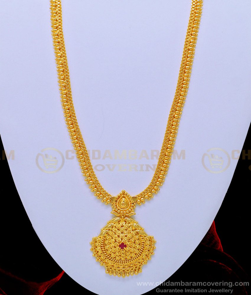 HRM563 - Trendy Bridal Wear Single Ruby Stone Gold Beads Long Haram Imitation Jewellery Online