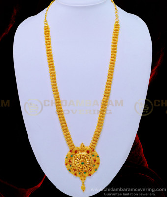 HRM573 - Gold Plated Long Haram Design Net Pattern Ruby Emerald Stone Haram for Women 