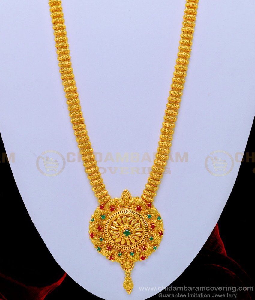HRM573 - Gold Plated Long Haram Design Net Pattern Ruby Emerald Stone Haram for Women 
