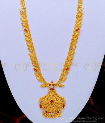 HRM575 - Beautiful Leaf Design White and Ruby Stone One Gram Gold Long Haram Online